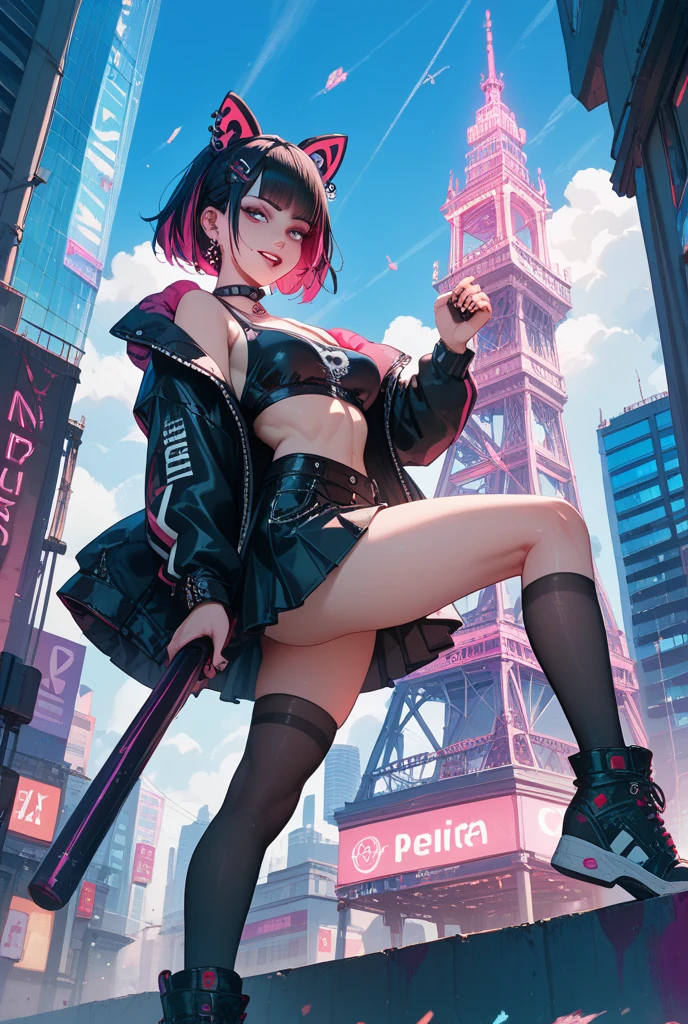 ((medium ??????, tomboy girl, small head)), daylight, sunlight, (perfect body: 1.1), (young), (short wavy hair: 1.2) , choker, full body shot, crowded street, ((miniskirt)), (extremely detailed CG 8k wallpaper), (an extremely delicate and beautiful), (masterpiece), (best quality:1.0), (ultra highres:1.0), beautiful lighting, stiff ??????, perfect lightning, pulling skirt, realistic shadows, [highres], detailed skin, ultra-detailed, spread thigh, one leg up, squatting on the floor, black thigh high, red high heels, large earring, thighs, (((colorful))), (micro ??????), angle from below, mesh skirt