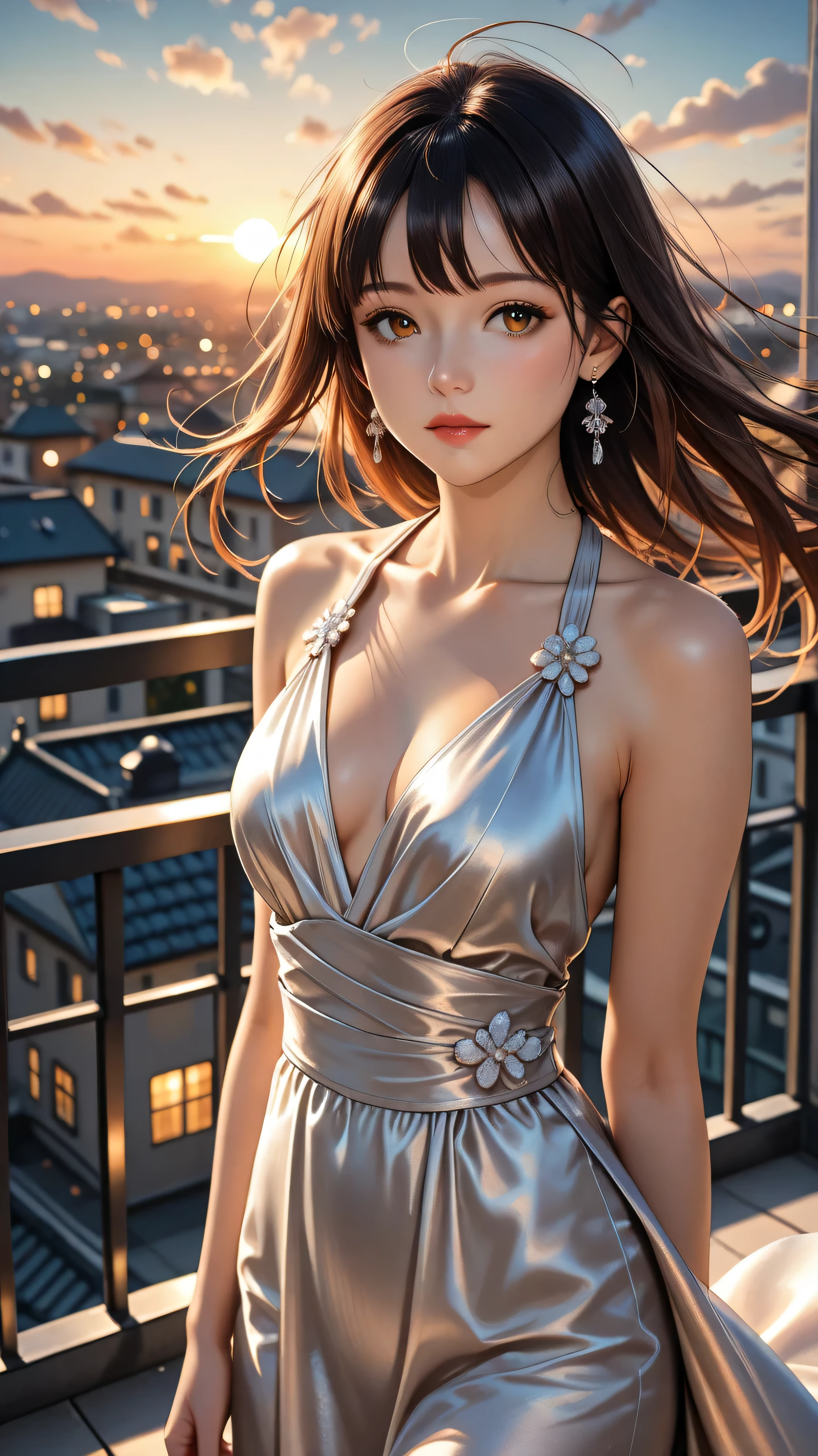 (masterpiece, best quality:1.37), highres, ultra-detailed, ultra-sharp, BREAK, Korean school queen, (((1girl:1.37, solo))), (beautiful anime face, cute face, detailed face), (black hair, thin hair, short hair, bangs, hime-cut), detailed beautiful cyan eyes, BREAK, ((detailed gold gorgeous luxury dress:1.5)), BREAK, lovely look, water melon earing, detailed clothes), light smile, closed mouth, parted lips, pink lipstick, BREAK, ((standing, arms behind back,:1.3, cowboy shot)), detailed human hands, HDTV:1.2, ((detailed sunset royal palace view background:1.3)), 8 life size, slender, anime style, anime style school girl, perfect anatomy, perfect proportion, inspiration from Kyoto animation and A-1 picture, late evening, excellent lighting, bright colors, clean lines, photorealistic