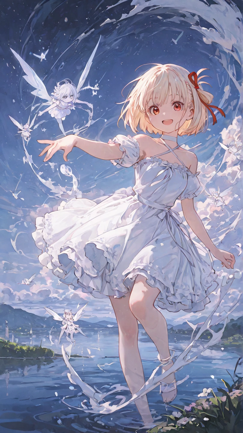 (highest quality, masterpiece, Super detailed, very detailed, exquisite, 16k,Full HD),A little closer,dramatic lighting,pastel colour,smile,(looks fun)grab the hem of the dress,(sun光,grassland,clear sky),(floating in the air),soft lighting, ((alone:1.5)),(clear sky,blue sky,rainbow,sun,morning sky,sunny),gentle wind,magical forest,flower,wood,flower畑,葉っぱとflowerびらが舞う,From above,((head shot)),画面いっぱいのflower,(fairy princess, purple eyes, long eyelashes,white skin,slim,pale pink plump lips,pale pink cheeks, The wind is blowing,(medium hair,wavy hair,blonde),thin and long,(thin and high nose,small nose),(腰の少しFrom above巨大な妖精の羽:1.5),sunの光に反射した,sunの魔法,flowerのティアラ,diamond earrings,Diamond Choker,(waist is narrow,fluffy white ball gown dress, lace and frills),(smile:1.2), (fantasy, romantic atmosphere),