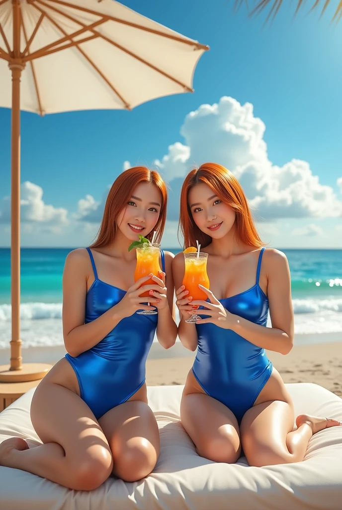Best quality, 8k, 32K, masseter part, nffsw:1.3), cute erotic japanese girl, 1 girl, long hair, profile, (fair skin, big , slim figure:1.2), (lips), toothy smile, (orange hair), double eyelids, shiny skin, realistic light, big beautiful face, (laughing:1.3), standing, (from above:1.2), (close-up:1.4), beach, white bikini, blurry background, (front focus), (dark:1.6), fantasy art, photorealistic, professional lighting, highly detailed face, award winning, deep shadows, ((ultra-realistic raw photo)), narrow eyes, lifelike eyes, thin hair,