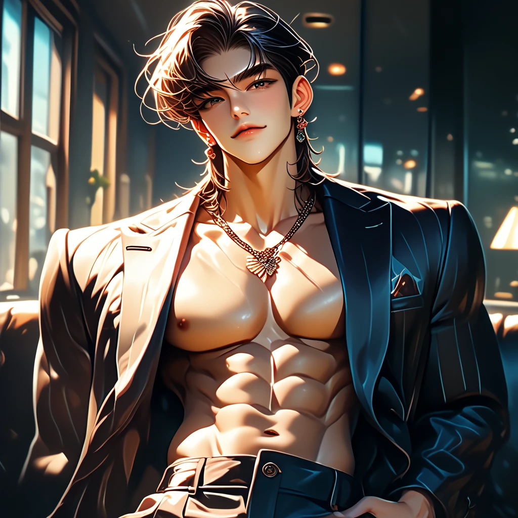 A man took a picture of himself in the mirror, harness, Sexy masculine, Stylish white skinny suit, There are abs, Korean muscular man 2 1 years old, Korean male, V-shaped bust clothes, Asian male, Very sexy, Medium shot of a handsome guy, wearing only pants, (SFW) work insurance
