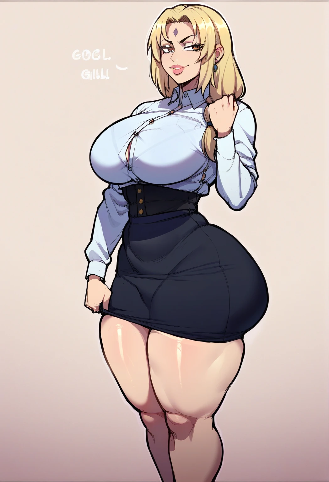 ((highres)), Masterpiece, high quality, best quality, beautiful, perfect lighting, detailed face, ultra cute face, ((1girl)), ((solo), long blonde hair, fluffy hair, blue eyes, ((blush)), nervous, looking at viewer, arms behind back, standing in a office, (office), daytime, dress shirt, pencil skirt, thigh highs, (wide hips), (thick thighs), large breasts, perky breasts, 20 year old female,