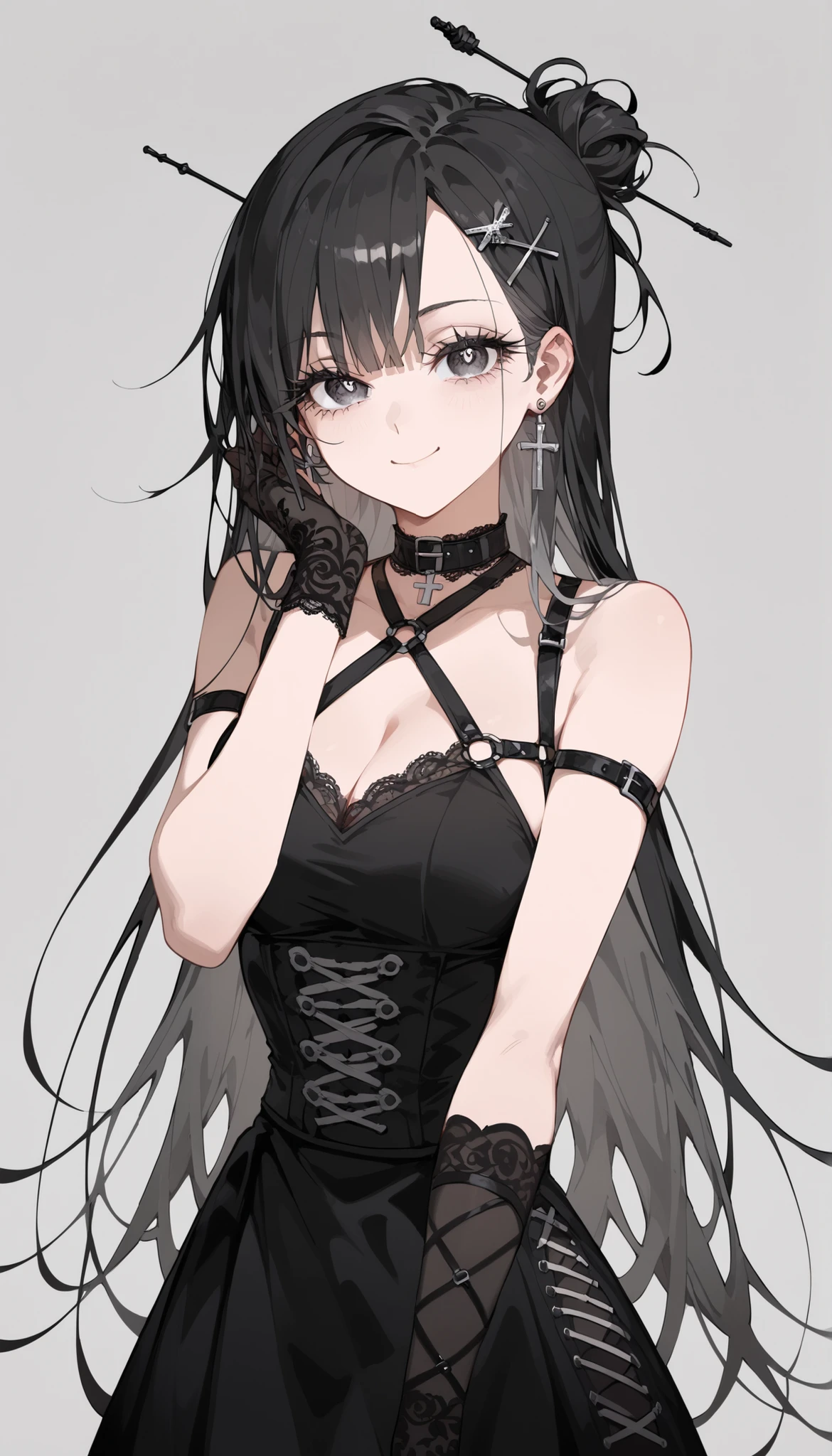 girl, black hair, light black hair,In light black eyes,,, in emotionless eyes,,eye detail,Round eyes ,smile,milf,slim,Face shape,Long Eyelashes,Bored,smile,, gray highlights,standing,cute,Hair Highlight Hairpin,Hairpin x,ta Gothic Shirts,long skirt,Middle Ages,Black Stockings,Lace gloves,Sleeveless Closure,upper body shape,Neck strap,Straps,Fabric Straps,Lace Straps,long hair,Cross earrings,gray background