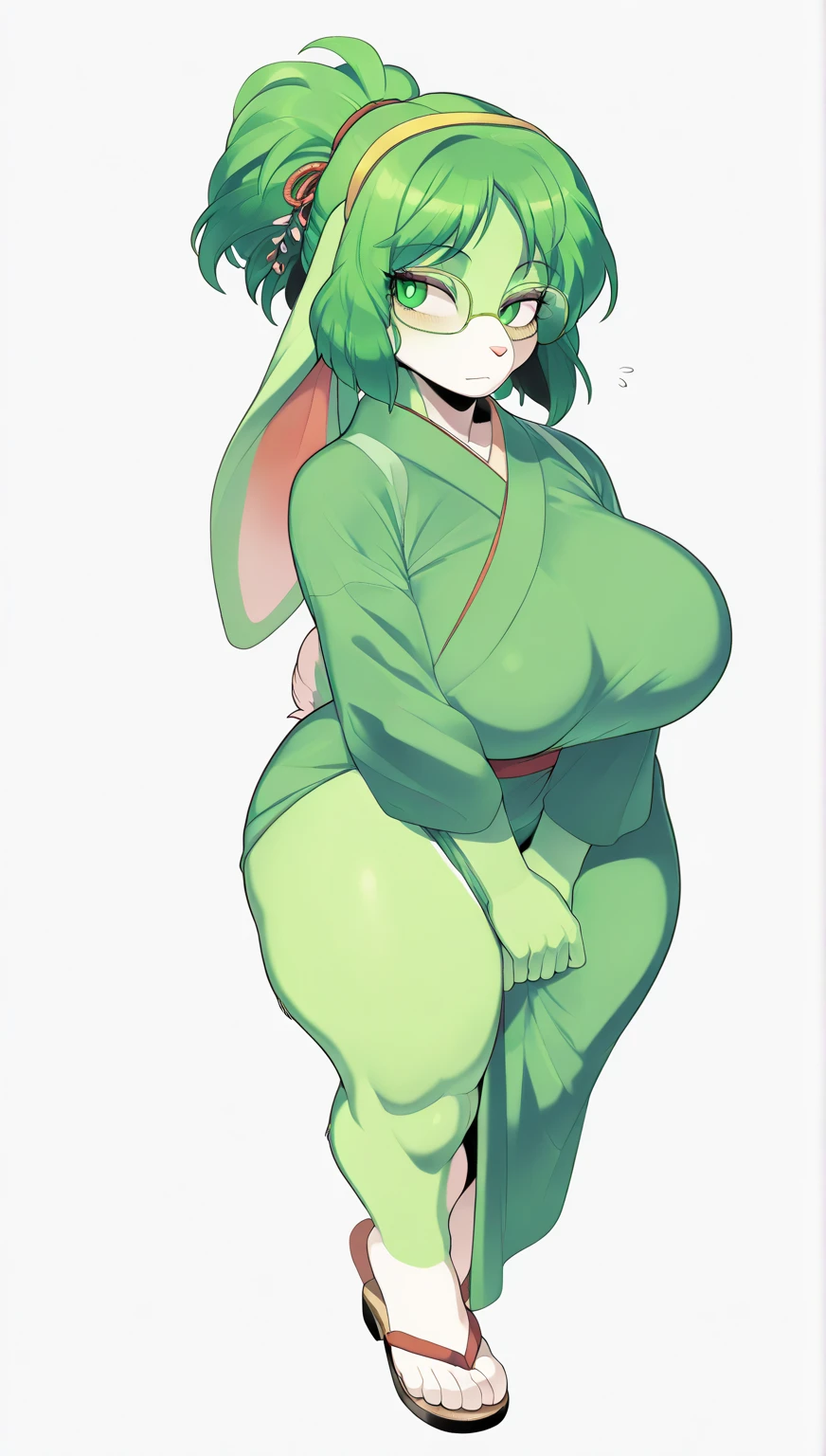 1990s (style), 1980s (style), retro artstyle,1 person、Lady, Black skin、Green Eyes, Long Hair、Pigtails、Forehead、Green Hair、Green Afro、Glasses、Jumpsuit、sneakers、Big ass through clothes、Big breasts through clothes、Standing with your legs apart
