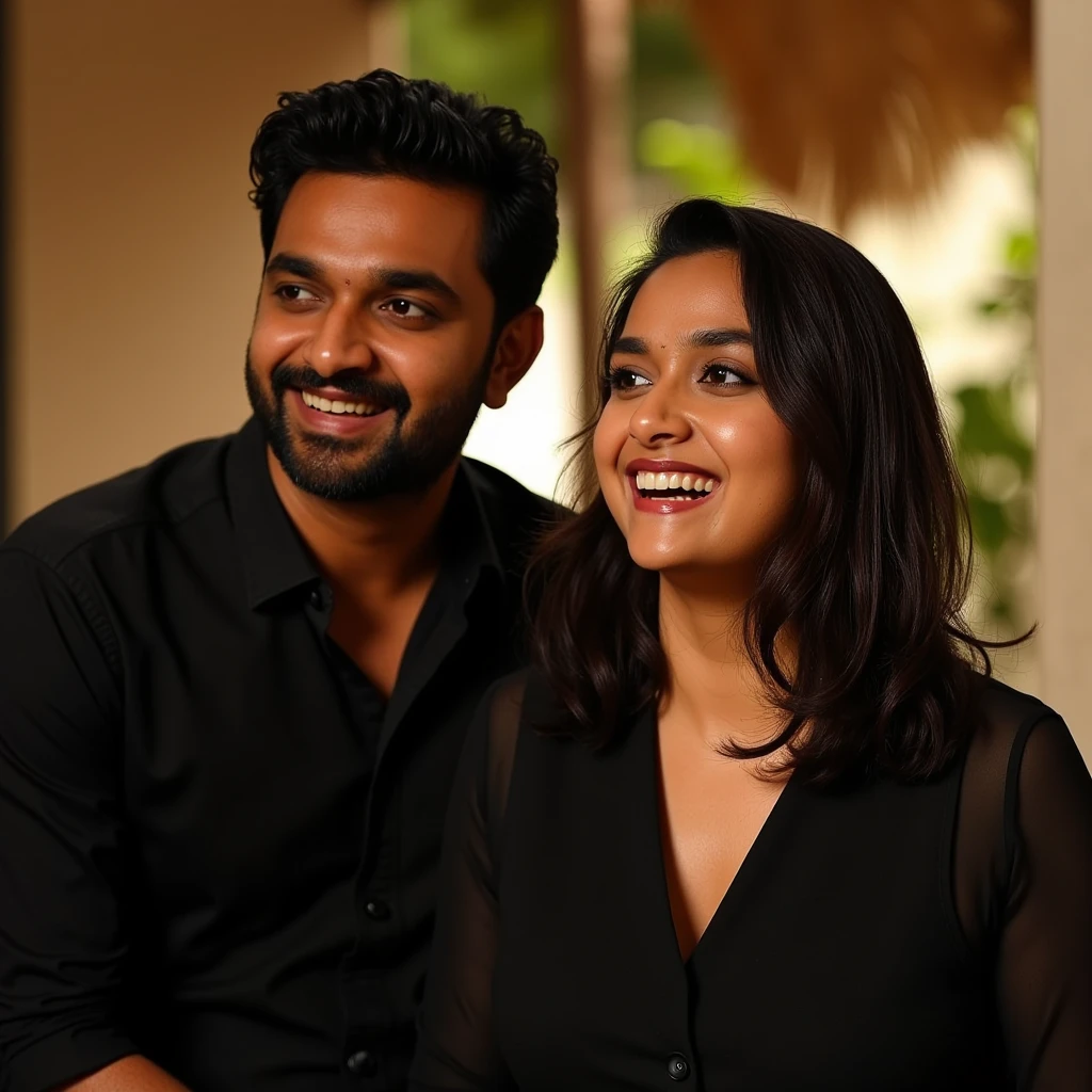 Create a realistic photograph of a smiling and beautiful indian actress in black jacket carrying a large man on her shoulders in a room, man is sitting on top of her shoulders , man on top, woman at bottom , gorgeous actress