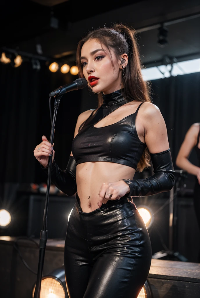 ((best quality)), ((masterpiece)), (detailed), perfect face, Design an illustration of a charismatic rocker female with a captivating stage presence. Her bold makeup and flashy outfit command attention. Use a concert stage with bright lights and cheering fans as the backdrop