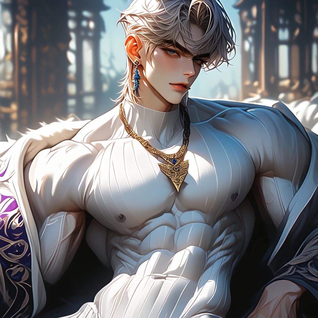1boy, adult, handsome, perfect face, detailed eyes and face, clean shaved, sixpack realistic, white eyebrow hair, white eyelashes, dynamic lighting, unreal engine 5, hd picture, satoru gojo, white hair, short hair ,hair between eyes ,blue eyes, white skin, Cat ears,