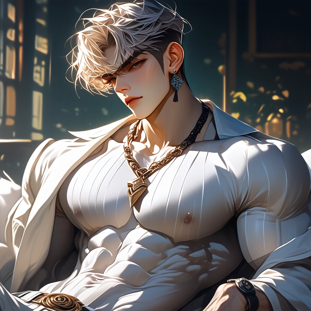 (เด็กชาย 1 คน,เป็นผู้ชาย),หนุ่มอนิเมะกล้ามโตในยิม, facial expression like masturbation, 1boy, bikini, Tight muscles, Broad shoulders, Handsome and old, Tiny underwear, Sexy, sex, Guy, Gay, Sea, jacket, sunglasses, boy, floral bikini, bright white hair, tight leg muscles, big Cook,