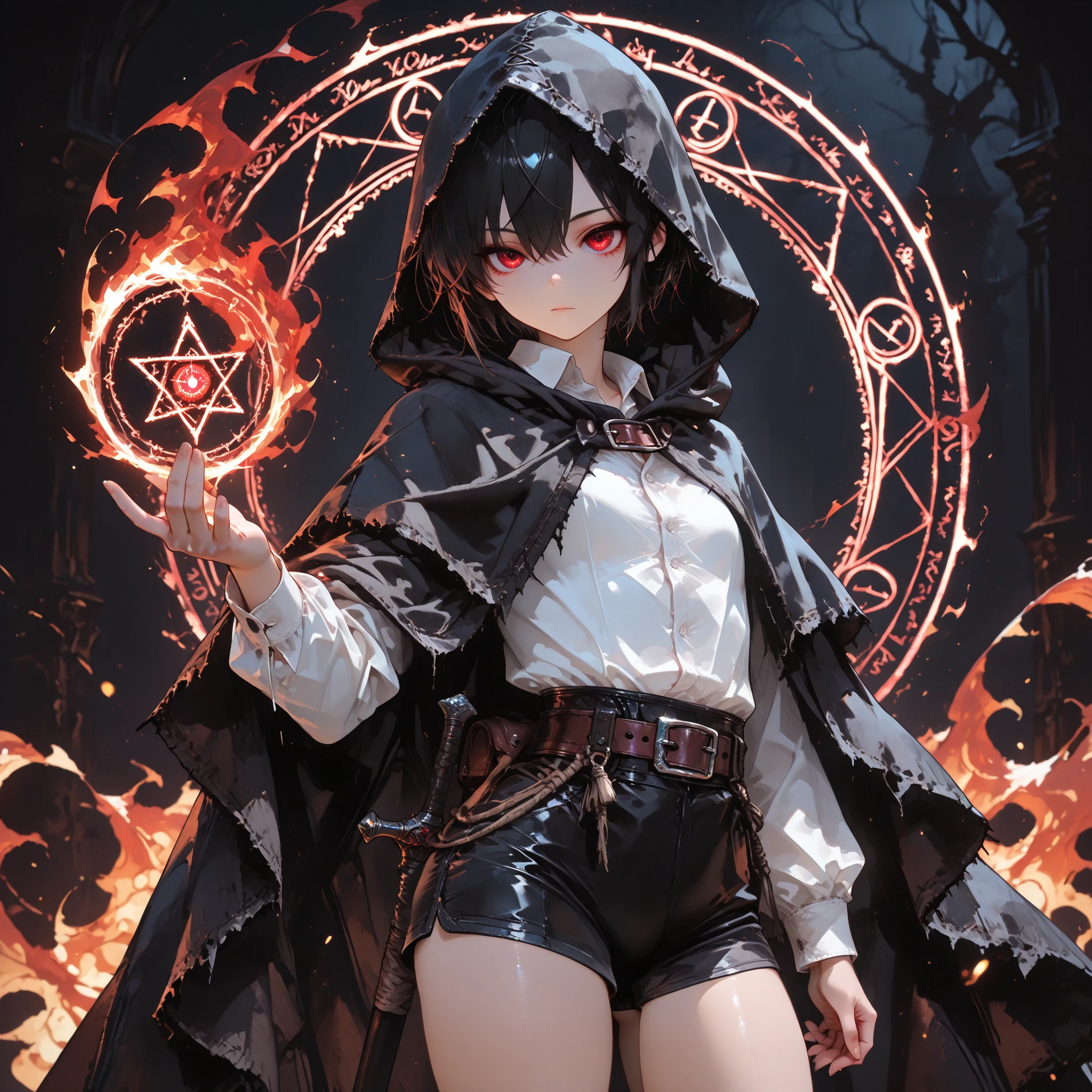 ((Best Quality)), ((masterpieces)), (detailed), perfect face, SOLO, ((((TOMGIRL)))), FEMBOY, ANIME, beautiful detailed eyes, BOB hair, BLACK hair, RED EYES, expressionless, hooded, Magical Eyes, dark background, ((BLACK hooded cloak)), ((flat chest)), magic circle, magic circle, Fire magic, ((Hooded)), buckle, hooded head, dress shirt, tight short black shorts, bare thighs