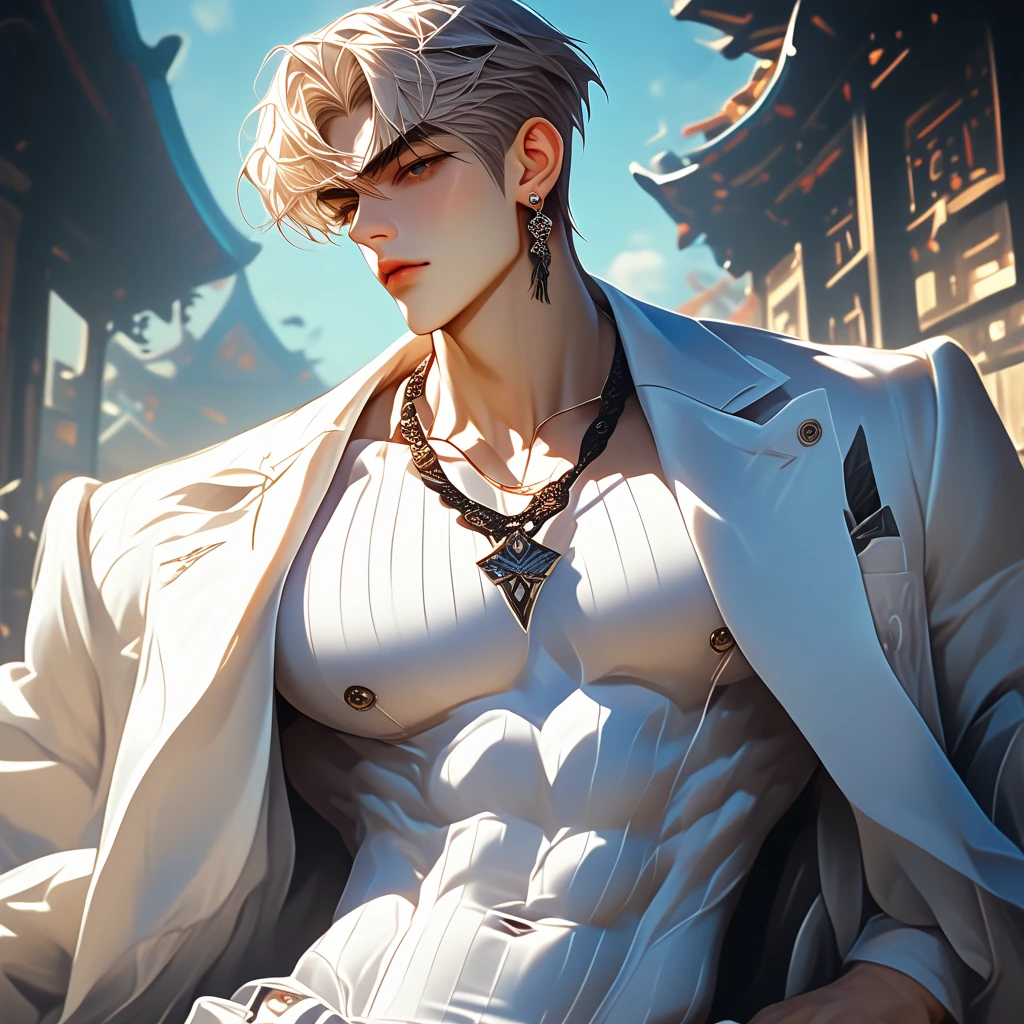 One man, cute, pale blue hair, pale blue eyes, soft features, masculine, bangs, long hair, slender, short, manly, light blue crop top, light beige tight pants, pink lips, feminine man