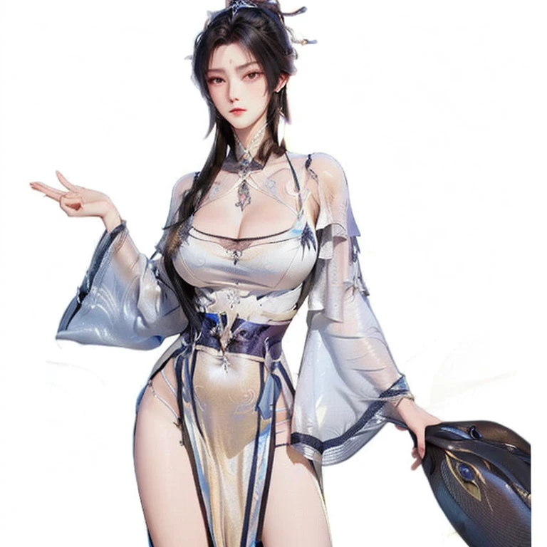 Close-up of a woman in costume on stage，full-body xianxia，beautiful celestial mage，Amazing young ethereal characters，a beautiful fantasy empress，astral witch clothes，shaxi，A flowing magic robe，white hanfu，xianxia fantasy，Beauty Delfin，Ethereal fantasy，Elegant and charming cosplay，