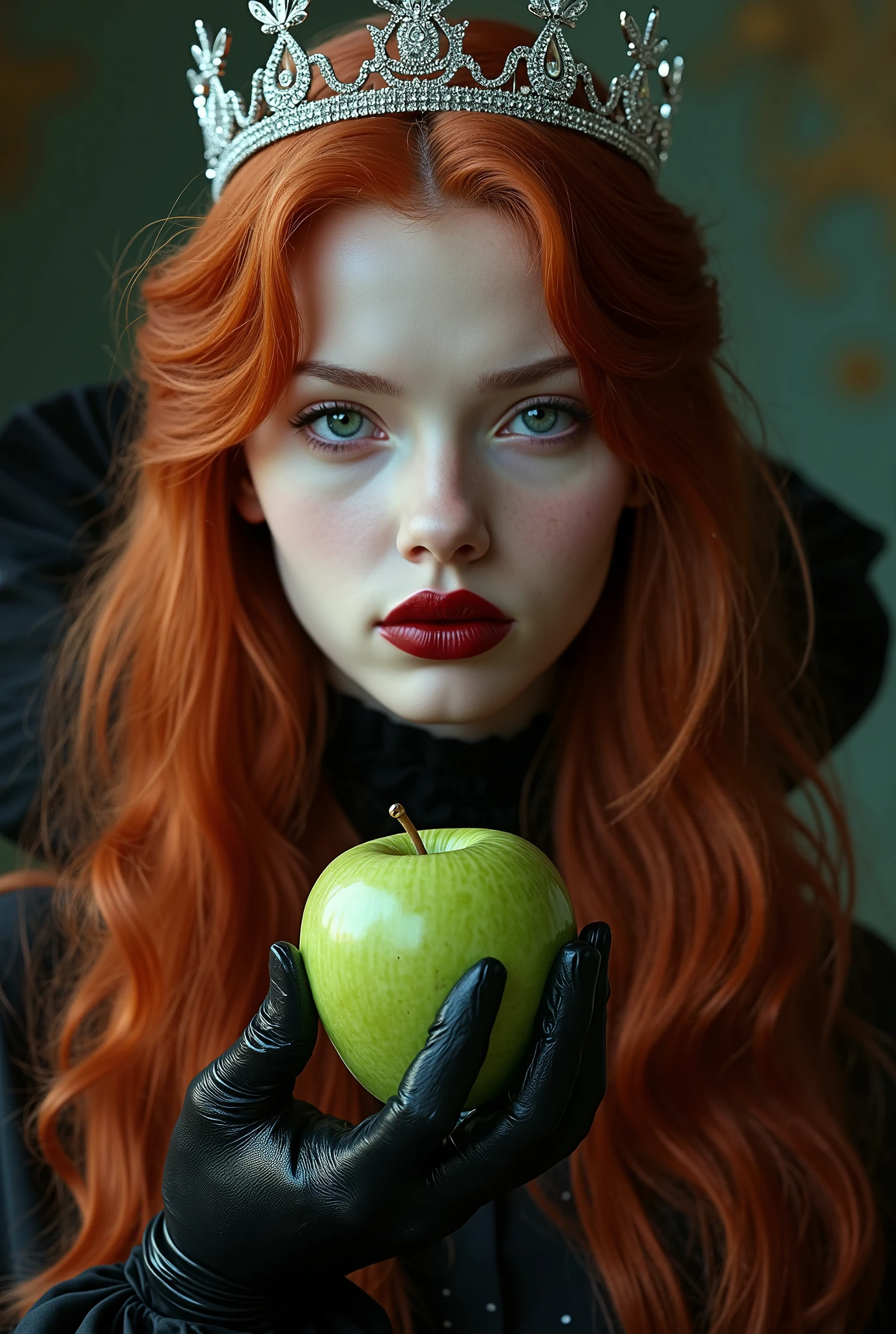 ((RAW photo), absurd, (absurd resolution)), masterpiece, best quality, (Extremely detailed 8k unity CG wallpaper), (best illustration), (best shadow), Realistic lighting, beautiful detailed glow, ((18 years old)), European girl young redhead (Scarlett Johansson) , long wavy hair, black queen, accessories, green bitten apple in правой hand с 5тью изящными пальцами, poisoned зеленое откусаное яблоко apples, witch queen, dark red lipstick, (((Her photographic perspective))) диадема из серебра и брильянтов на голове, темная помада, драматичный кадр,(правильное количество пальцев),(( яблоко надкусано,след укуса зубами на яблоке ))