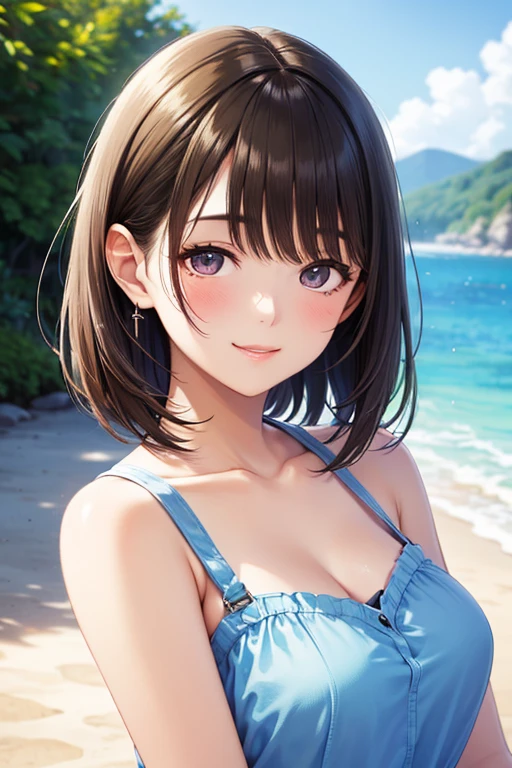 Official art、Top quality ultra-detailed CG art、barechested:1.2)、Brown hair、lively girl、white t-shirts、Transcendent Cute、kirakira、ssmile、Hide and seek、the beach、clean、Short。