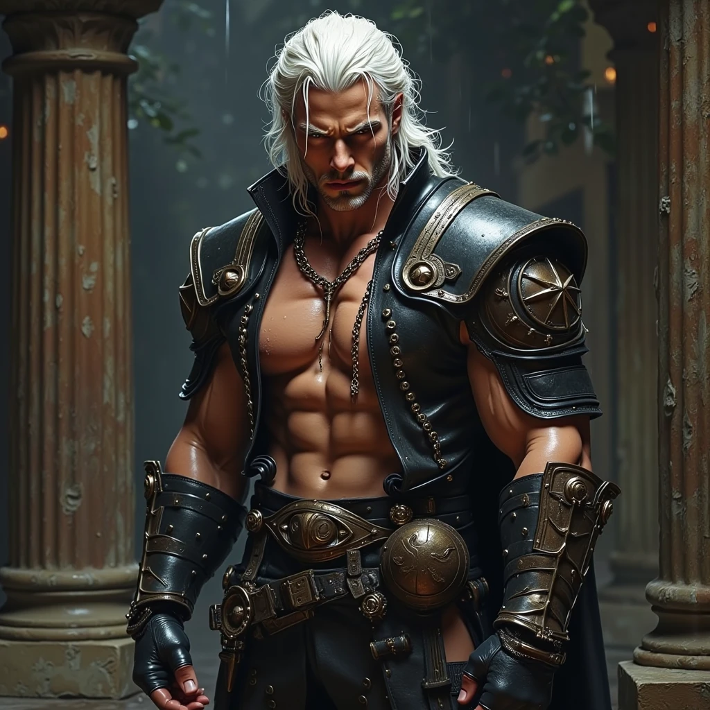Volumetric cinematic lighting (highly detailed: 1.4), digital rendering, sharp soft focus, 8k full body rendering, action shot, realistic reflections, cinematic compositing, dante, naked body, close-up, upper body, sexy pose , portrait, helmet removed, old man, long hair, white hair, detailed face, naked, beefy body, hard abdomen, sexy, nsfw, hot light skin