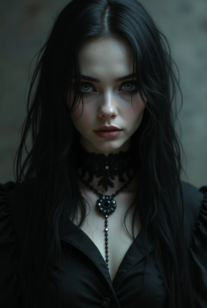 a gothic girl with her gaze turned towards something, behind her in the background we can see a werewolf, beautiful detailed eyes, beautiful detailed lips, extremely detailed eyes and face, long eyelashes, gothic dress, dramatic lighting, dark moody atmosphere, cinematic lighting, dark fantasy, horror, high contrast, chiaroscuro, dark colors
