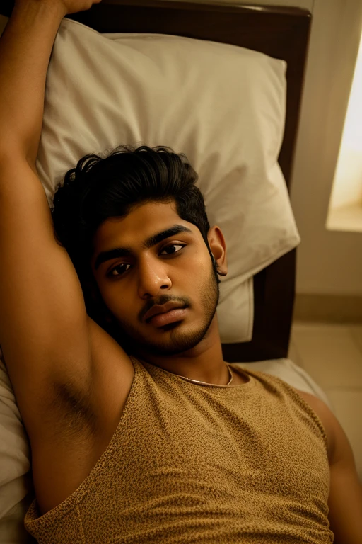 Hyper realistic, Masterpiece, detailed, 8k, a young indonesian man, tanned skin, black hair, shirtless, pink underwear, bulge, hairy armpits, laying on pink bed, undefined, undefined, undefined, undefined, undefined, 