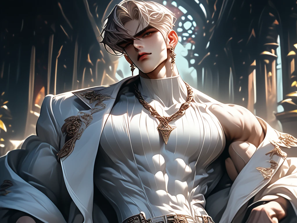 (absurdres, highres, ultra detailed), 1 male, adult, handsome, tall muscular guy, broad shoulders, finely detailed eyes and detailed face, knight, silver armor, muscles, short hair, yellow eyes, gold chain, cool, stoic, winter night