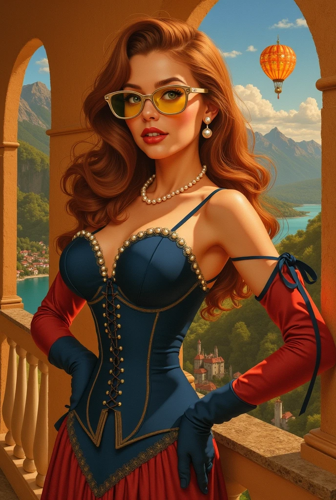 Close-up of a 40-year-old woman wearing a leopard print shirt and hat, Comme des Garcons Campaign, andy milonakis, frank kozik, andy milonakis as a goat, Chris Chan, flashy, Official artwork, Dave Carvis, Craig Marism, Toyism, yoh yoshinori, by Winona Nelson, Michel Othello、Beautiful woman in a dress made of flowers, posing elegantly with a hat and large black sunglasses in a full body shot, surrounded by a cityscape in autumn colors. The digital art style features a vibrant orange and brown color palette with detailed illustration. The fantasy background includes fantasy architecture, buildings and a fantasy town in the distance depicted in the style of cute and elegant. dynamic angle