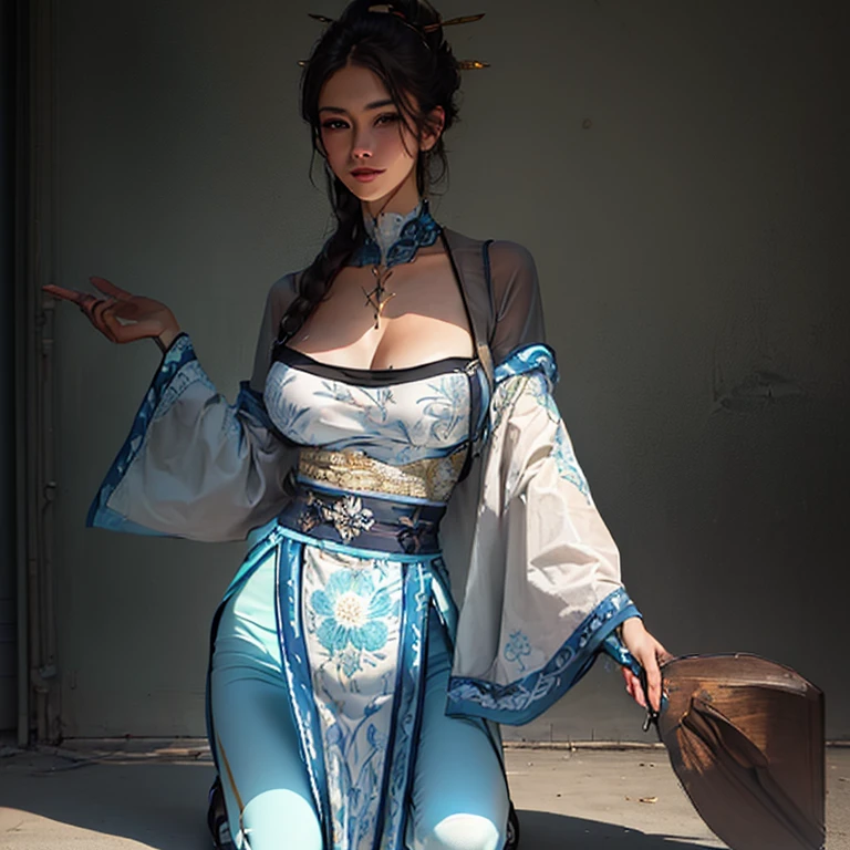 (photorealistic:1.4), (masterpiece, sidelighting, finely detailed beautiful eyes: 1.2), masterpiece*portrait, realistic, 3d face, 
ganyu \(genshin impact\), 1girl, ahoge, architecture, bangs, bare shoulders, bell, black gloves, black pantyhose, (blue hair)...