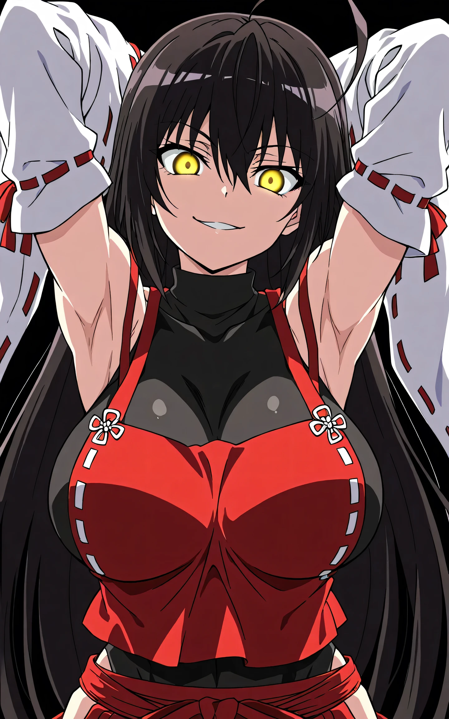 masterpiece, best quality, amazing quality, anime screencap, anime coloring, 1girl, solo, sendai hakurei no miko, black hair, huge ahoge, very long hair, (muscular:0.8), yellow eyes, large breasts, red hakama, leotard under clothes, black leotard, japanese clothes, nontraditional miko, hakama pants, detached sleeves, toned, arms behind head, armpits, armpits focus, head towards viewer, looking at viewer, direct eye contact, evil smile, smug, confident, black background, simple background