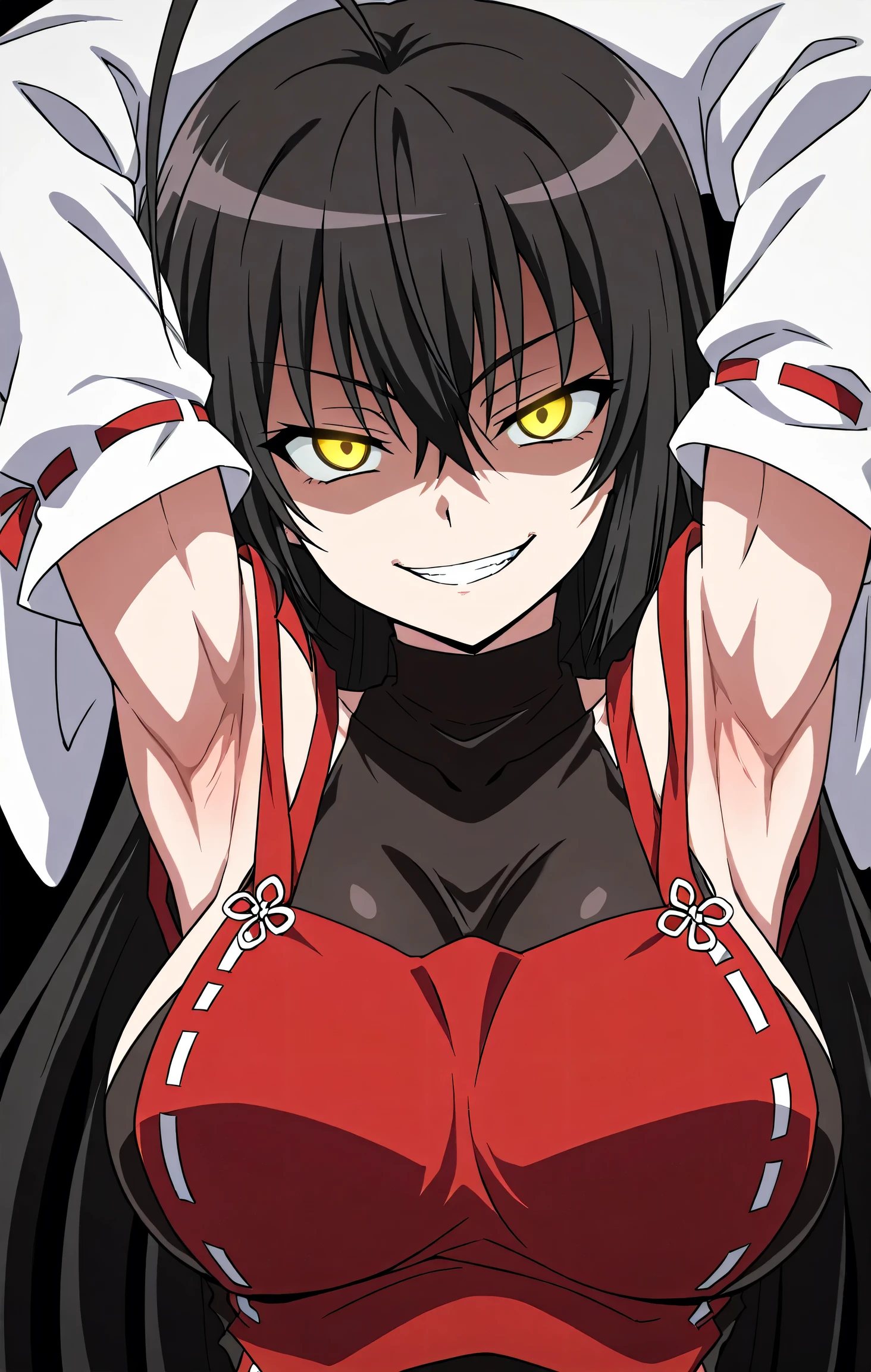 masterpiece, best quality, amazing quality, anime screencap, anime coloring, 1girl, solo, sendai hakurei no miko, black hair, huge ahoge, very long hair, (muscular:0.8), yellow eyes, large breasts, red hakama, leotard under clothes, black leotard, japanese clothes, nontraditional miko, detached sleeves, toned, arms up, raised arms, armpits, armpits focus, head towards viewer, looking at viewer, direct eye contact, evil smile, grin, teeth, confident, black background, simple background