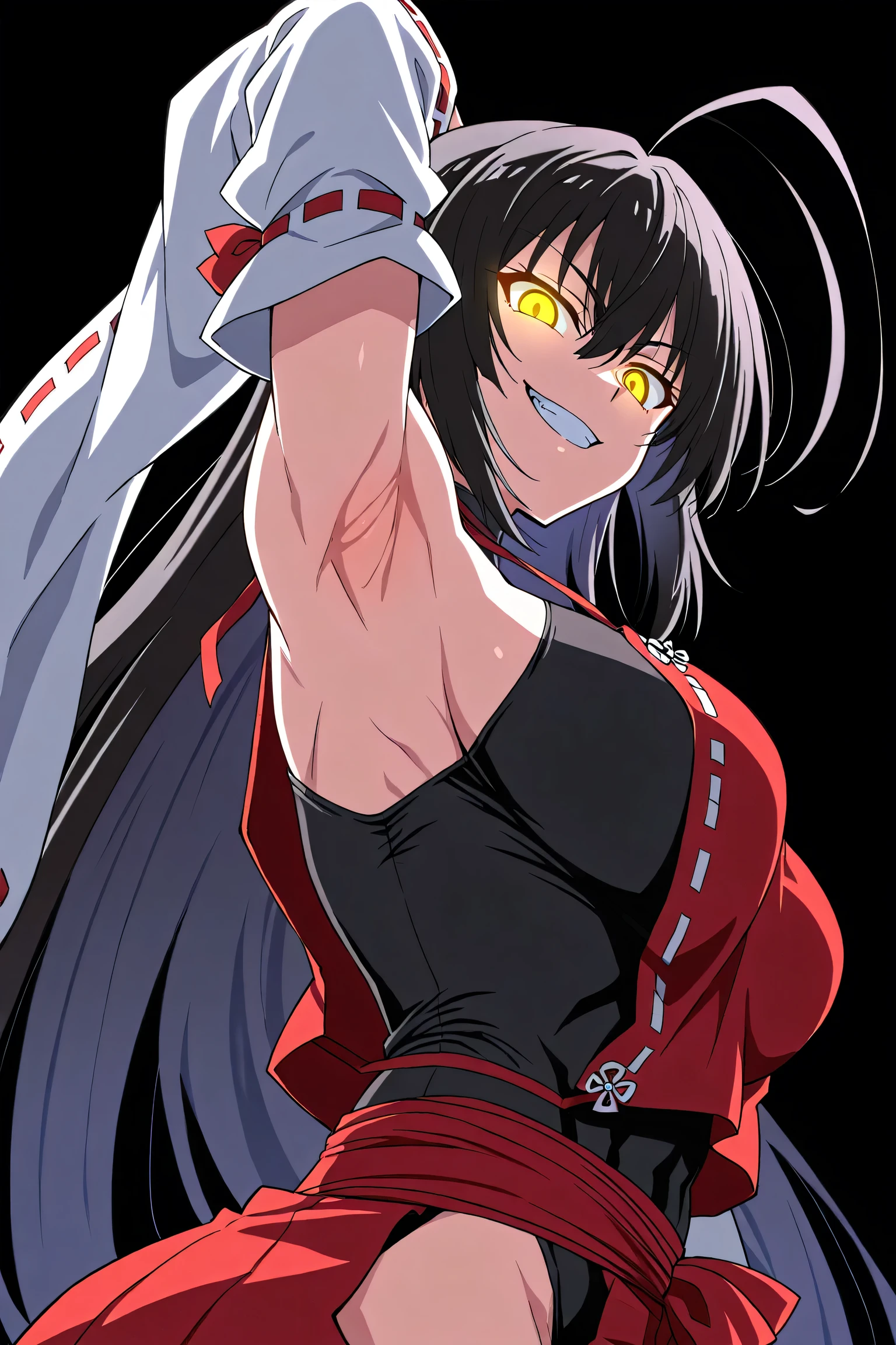 masterpiece, best quality, amazing quality, anime screencap, anime coloring, 1girl, solo, sendai hakurei no miko, black hair, huge ahoge, very long hair, (muscular female:0.8), yellow eyes, glowing eyes, large breasts, red hakama, leotard under clothes, black leotard, japanese clothes, nontraditional miko, detached sleeves, toned, arm up, raised arm, armpit, armpit focus, head towards viewer, looking at viewer, direct eye contact, evil smile, grin, teeth, confident, black background, simple background, from side, from below, from behind, sideboob 