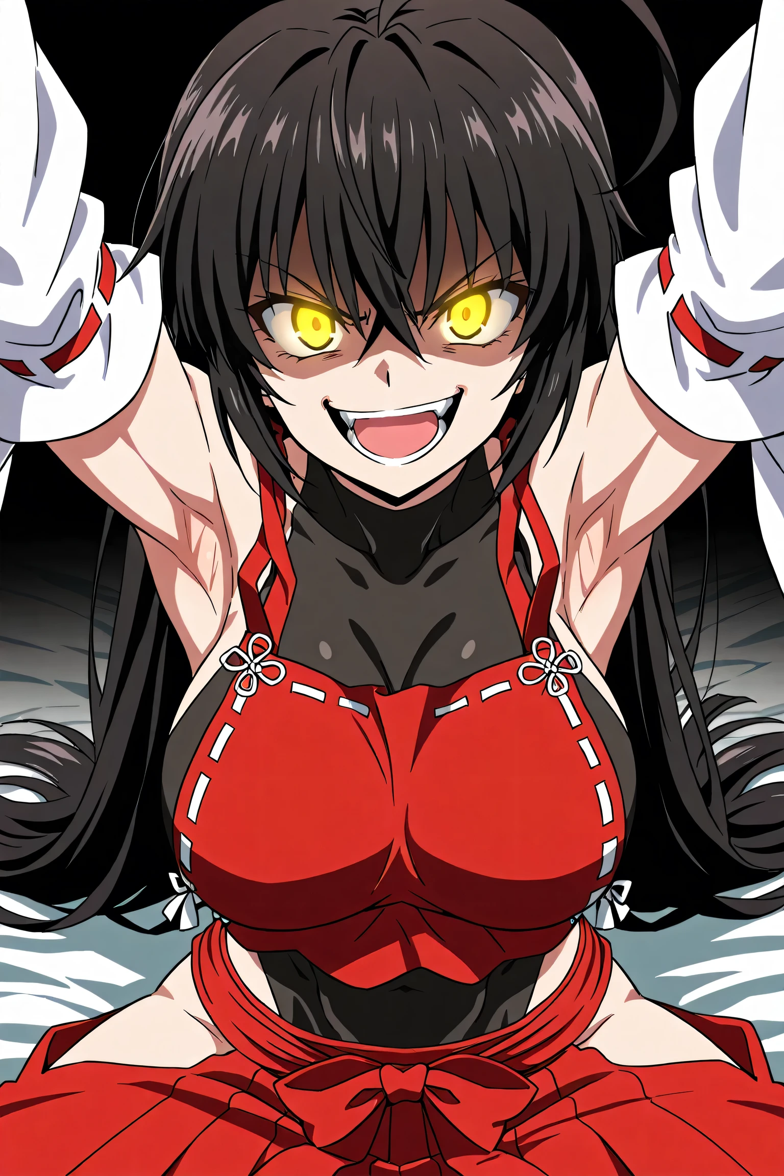 masterpiece, best quality, amazing quality, anime screencap, anime coloring, 1girl, solo, sendai hakurei no miko, black hair, huge ahoge, very long hair, (muscular female:0.8), yellow eyes, glowing eyes, large breasts, leotard under clothes, black leotard, japanese clothes, nontraditional miko, detached sleeves, toned, arms up, raised arms, armpits, armpits focus, head towards viewer, looking at viewer, direct eye contact, evil smile, angry, open mouth, confident, black background, simple background, from above, hakama pants, hip vent, spread legs, sitting on bed