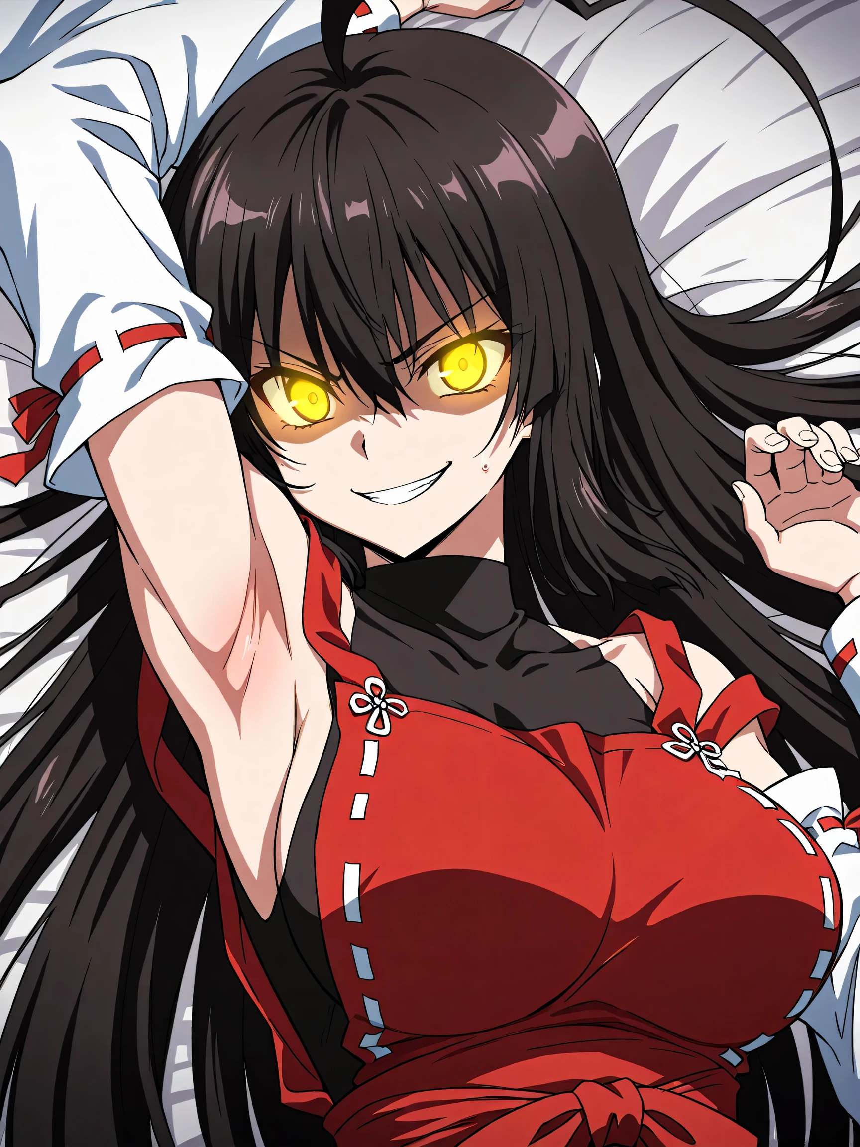 masterpiece, best quality, amazing quality, anime screencap, anime coloring, 1girl, solo, sendai hakurei no miko, black hair, huge ahoge, very long hair, (muscular female:0.8), yellow eyes, glowing eyes, large breasts, leotard under clothes, black leotard, japanese clothes, nontraditional miko, detached sleeves, toned, arm up, raised arm, armpit, armpit focus, head towards viewer, looking at viewer, direct eye contact, evil smile, angry, grin, teeth, confident, lying in bed