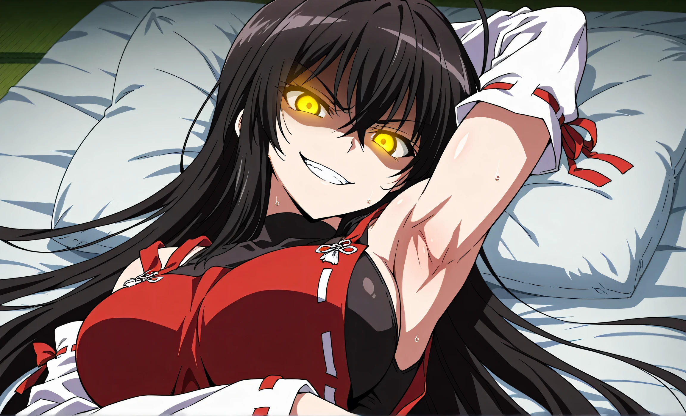 masterpiece, best quality, amazing quality, anime screencap, anime coloring, 1girl, solo, sendai hakurei no miko, black hair, huge ahoge, very long hair, (muscular female:0.8), yellow eyes, glowing eyes, large breasts, leotard under clothes, black leotard, japanese clothes, nontraditional miko, detached sleeves, toned, arm behind head, armpit, armpit focus, head towards viewer, looking at viewer, direct eye contact, evil smile, angry, grin, teeth, confident, lying in bed, from side, from above, pillow,