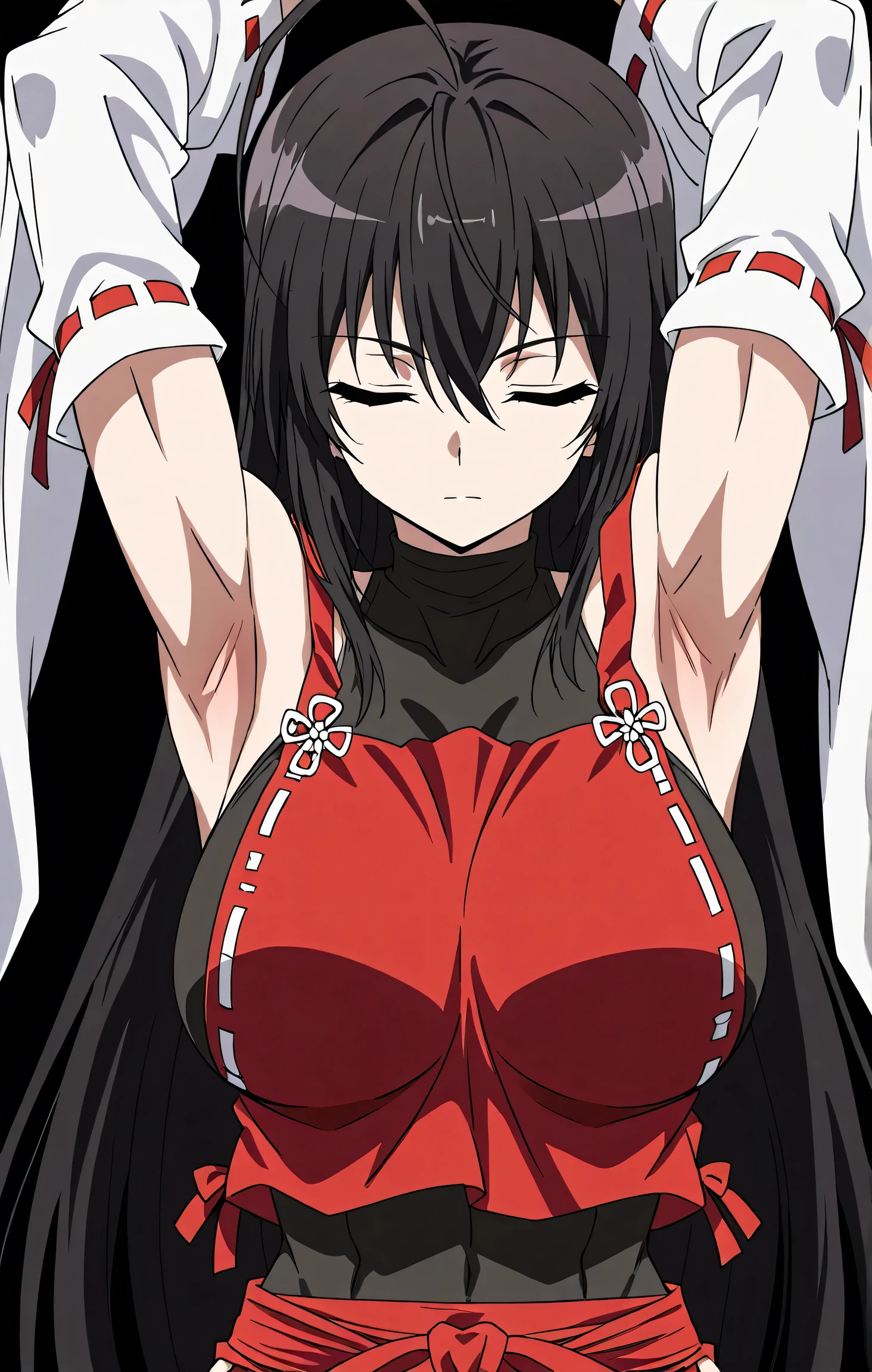 masterpiece, best quality, amazing quality, anime screencap, anime coloring, 1girl, solo, sendai hakurei no miko, black hair, huge ahoge, very long hair, (muscular female:0.8), large breasts, red hakama, leotard under clothes, black leotard, japanese clothes, nontraditional miko, detached sleeves, toned, arms up, raised arms, armpits, armpits focus, head towards viewer, expressionless, unconscious, closed eyes, suspended, captive, black background, simple background