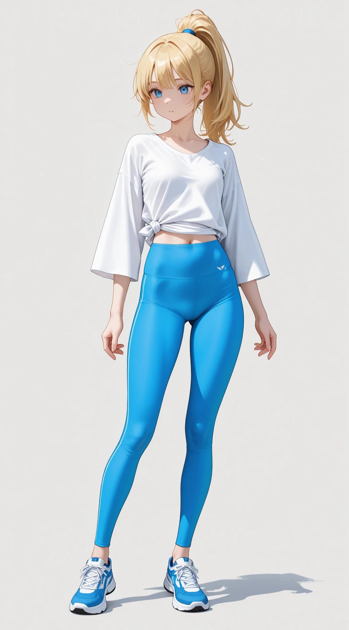 A sexy girl, korean idol, long bangs blonde hair, long legs, braless, natural breasts, slender body, casual tight shirt with rounded-neck spandex short-sleeve, soft-blue leggings, finely detailed beautiful eyes and detailed face, full body, front view, at photo studio, white backdrop