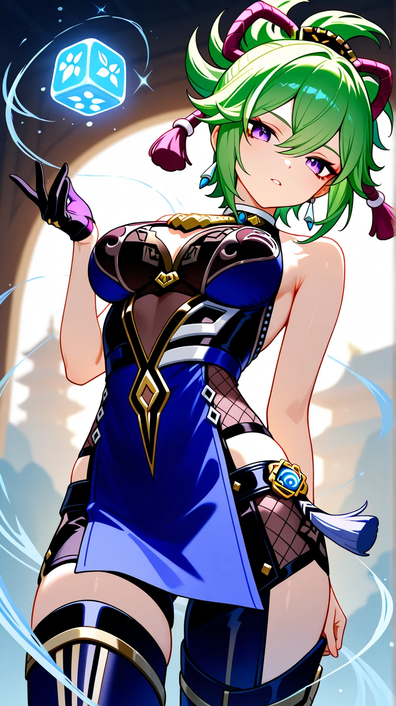 Kizi,Beauty mole,Green hair,Wear hairpins,Green cheongsam,The back is exposed,Beautiful breasts,There is a mole on the left chest,Pink eyes,Folding fan in hand,Folding fan unfolds