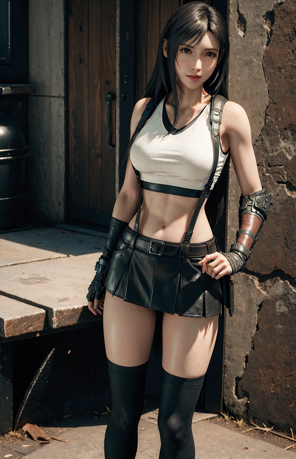 Unreal Engine 5 Realistic Render, (masterpiece, best quality), intricate detailest quality)), ((masterpiece)), ((realistic)), (hyperrealism:1.2), (fractal art:1.2),
1girl, tifa lockhart original costume, white crop top, arm guards, fingerless gloves, suspenders, pleated miniskirt, black thighhighs, red boots
extreme detailed eyes, colorful, highest detailed,
vibrant colors, high contrast,
(8K UHD:1.2), (photorealistic:1.2), beautiful face, top body hyperrealistic thicc muscle and hyper largest_breasts!! with the type of boobelons, lower huge buttocks, wet shiny body, ((((huge muscles))))