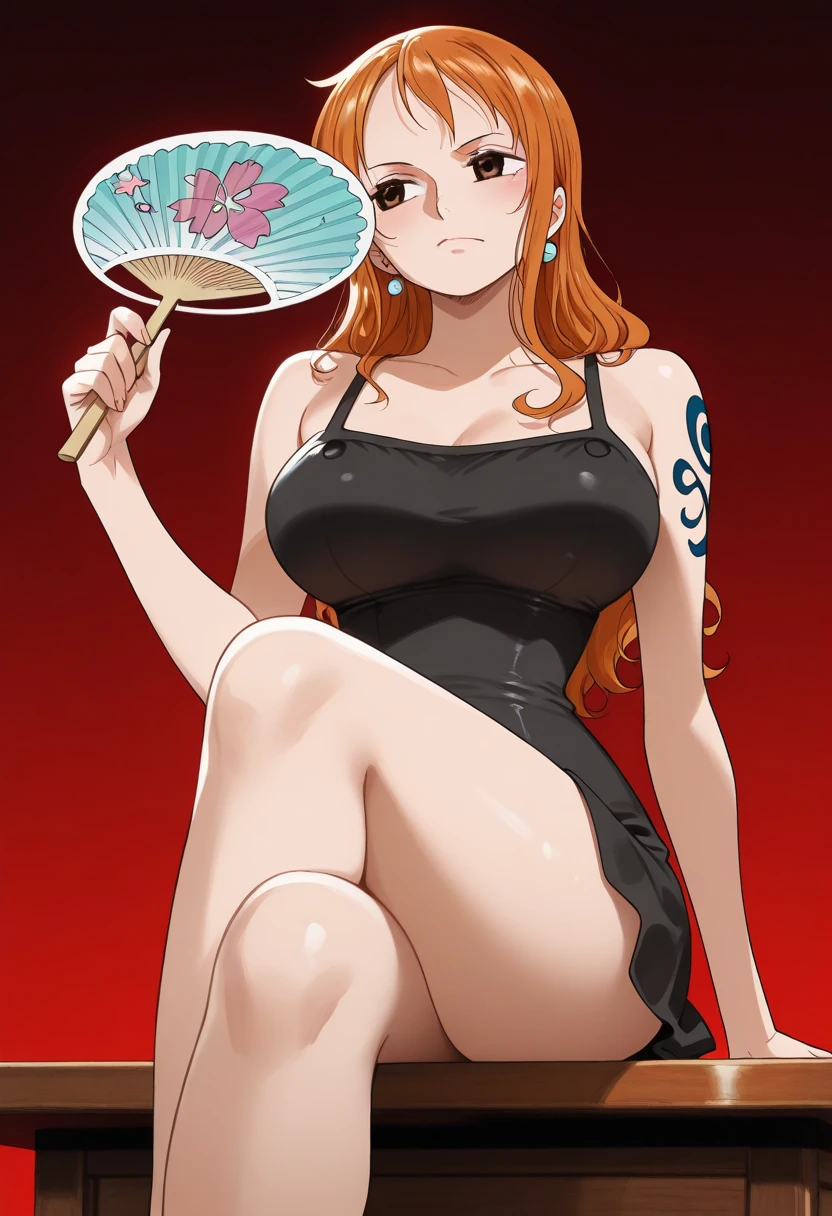 Nami,One piece,slicked high Top knot hairstyle,Big breast,Blue drop earring,Thin orange leopard print dress with cleavage,Wedding ring,Orange hair,Absalom wife,Necklace,Hoop bracelet,Long nail,Wide hips,gaze in viewer,Fullbody view,Solo,half eyes expression,Spouty lips,Mature,needy gesture,Tanned skin,