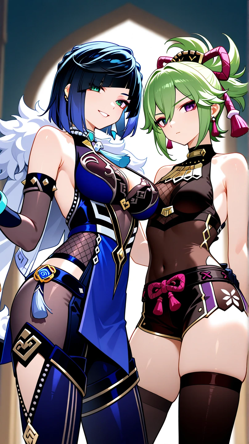 (obra maestra, Mejor calidad, Extremadamente detalle Unity 8K Wallpaper, Exquisite character design, beautiful huge senos, Detalles extremadamente faciales, Extremely good anatomy), ASAGI, 1 chica, senos, Solo, Sonrisa, abdominales, tonificado, mirando al espectador, mano en la cadera, rubor, huge senos, pelo azul, pelo largo, golpes, pelo entre los ojos, ojos verdes, (Traje de enfermera:1), Ropa ajustada a la piel,
