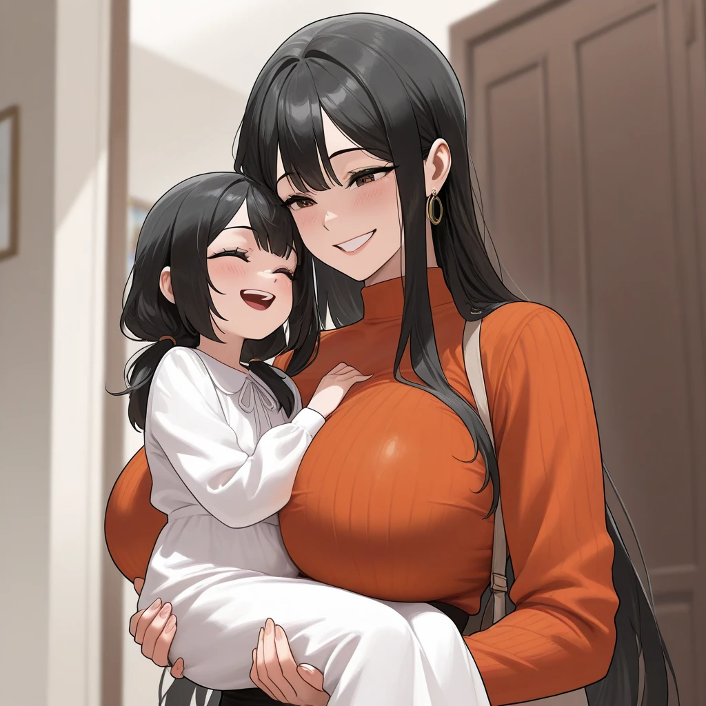 score_9, score_8_up, score_7_up, score_6_up, score_5_up, score_4_up, (source_anime), 2girls, spy x family, (anya, girl, Short hair, Little ??? girl body, small breasts, Short, {sucking breasts}). (Yor Forger, adult woman, long hair, massive breasts, Tall stature). Yuri , age difference, giant size difference, breast sucking, breast milk, tongue, far, full body