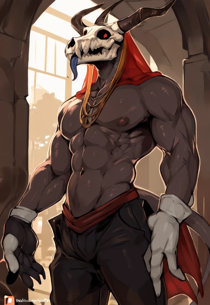 (((by fluff-kevlar, by Zackary911, by Kenket, by Kilinah))), solo male ((Kobold antrum, extremely detailed, extremely detailed legs, extremely detailed arms, extremely detailed face, perfectly detailed eyes, perfectly detailed anatomy)), (detailed kobold)) wearing a long cloak, muscular abs, Kobold black horns, Kobold tail, messy white hair, (orange thigh highs), ((black micro-thong:fire_pattern_design_thong)), shirtless, front view, looking at the observer with a smile, perspective, finely detailed claws, punk style, adventure backpack, perfect drawn eyes, punk style spike bracelets and collars