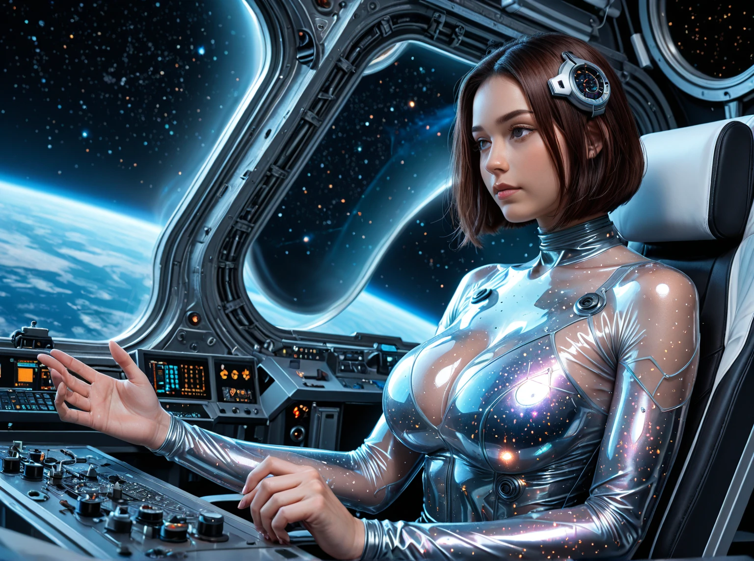 1girl, Masterpiece, highest quality, 4k, sharp focus, ultra detailed, intricate photo of DackaRocWod on a space mission with the galaxy visible in the background, (taking off her space suit), with black lace lingerie underneath, planets, celestial bodies, beautiful eyes, detailed facial features, large boobs, luminescent hair,
