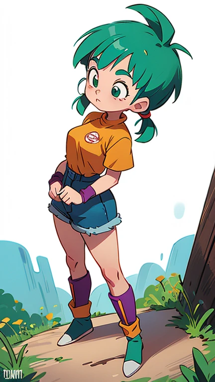 1 garota, bulma pose de poder, Dragon sphere, cabelo azul, cabelo curto, water hair, fita de cabelo, Braided ponytail, Bikini, cinto, tissue, luvas marrons, sorriso, boca aberta, grandes seios, huge breasts, thong bikini, fio dental, sexy