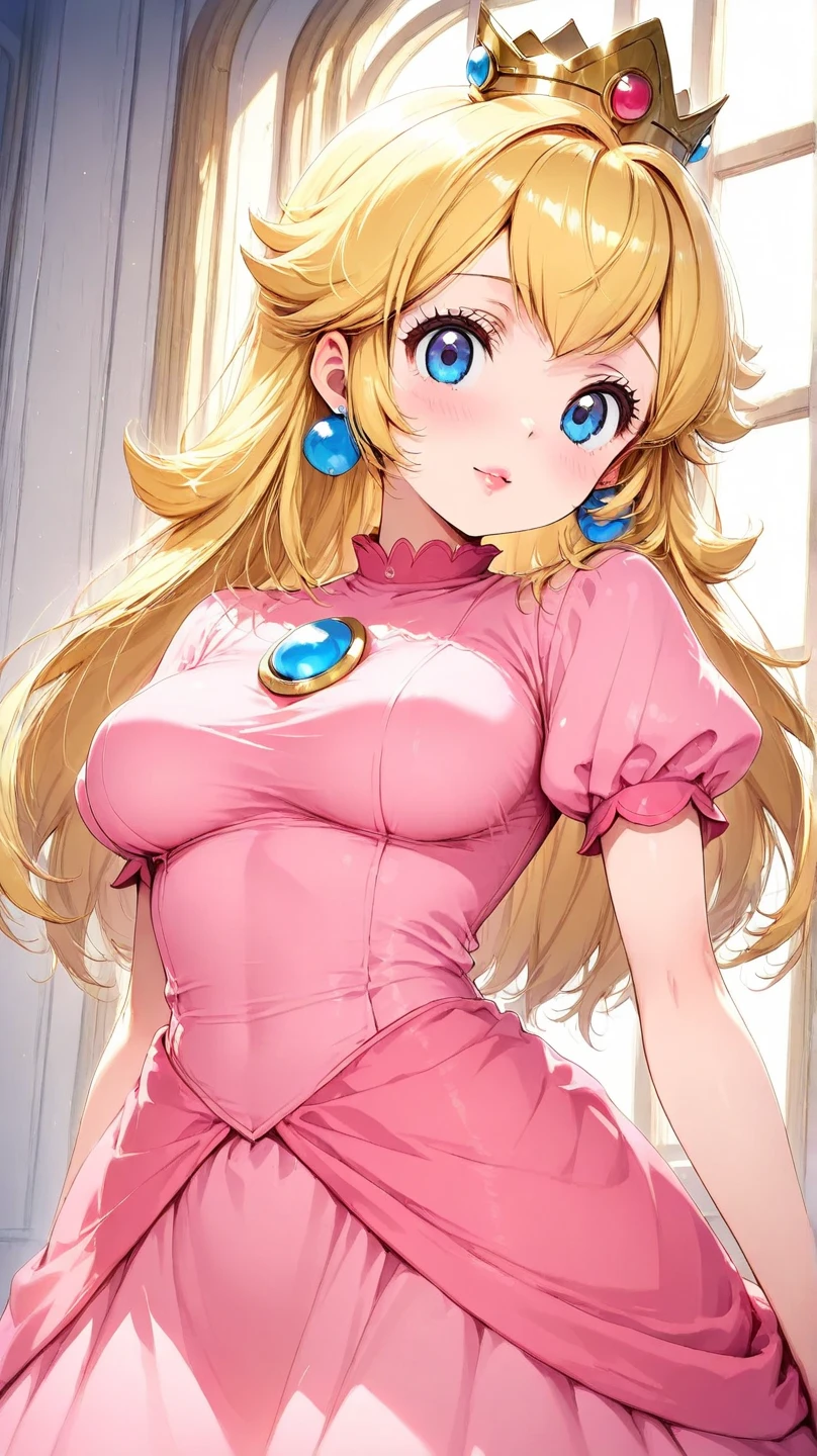 best quality, high resolution, large breasts, blonde hair, blush, embarrassed, cowboy shot, looking at viewer, princess_peach, pink lip