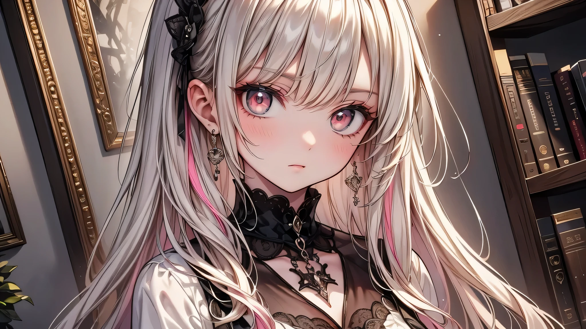 masterpiece, insanely detailed, best quality, hyper detailed, high quality, exquisite, detailed, beautiful, ultra detailed, FHD, Full-HD, absurdres, highres, 16K, female, intelligent, serious look, serious expression, standing, looking at viewer, long hair, straight hair, shiny hair, pink hair, silver hair, two-tone hair, pink eyes, tareme, droopy eyes, medium skin, detailed face, detailed skin, shiny skin, petite, slender, gothic ta, school uniform, in the library, with a bookshelf, beautiful, gothic atmosphere, classic academia, calm atmosphere, upper body, half body photo, closeup shot, dutch angle shot, golden hour, in the evening, sepia-toned, soft colors, pale colors, Gothic Costumes , Gothic Items 