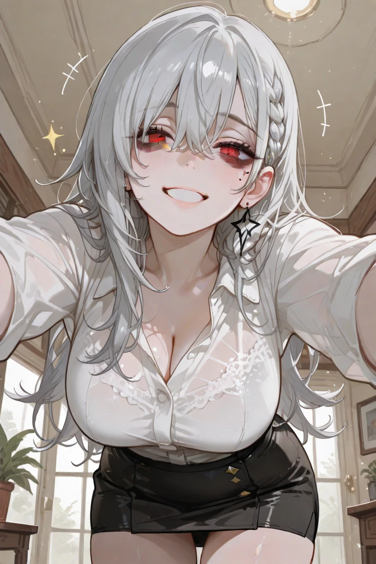 masterpiece, best quality, 1 Korean girl, deep blush, grin, bowboyshot looking at viewer