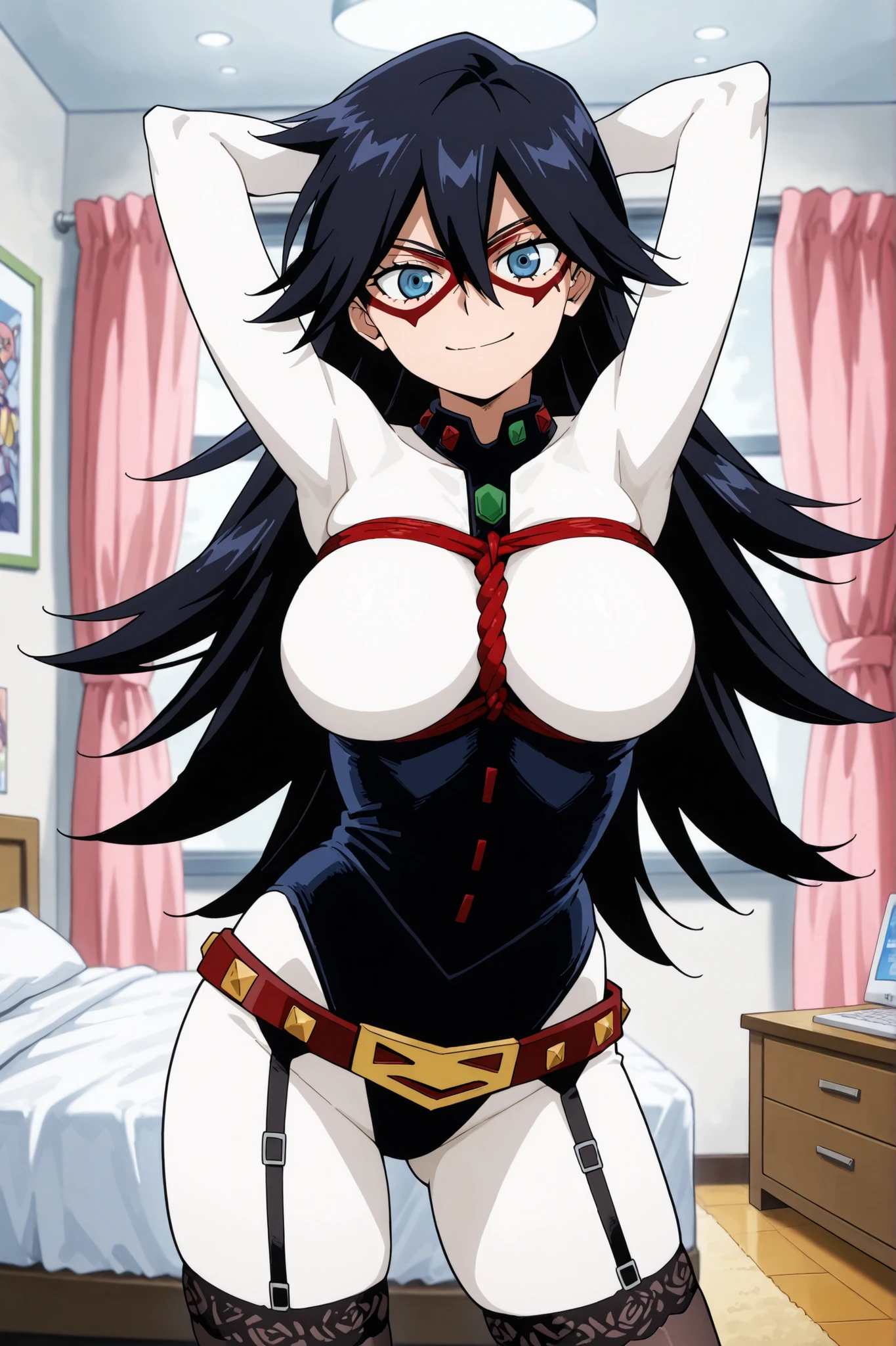 scan, (extremely detailed CG unity 8k wallpaper:1.1), masterpiece, highres, bedroom, 1girl, midnightmha, boku no hero academia, <lora:midnightMHA_NAI_v2-8:1>, solo, purple hair, very long hair, blue eyes, large breasts, white bodysuit, domino mask, thighhighs, thigh boots, handcuffs, belt, garter straps