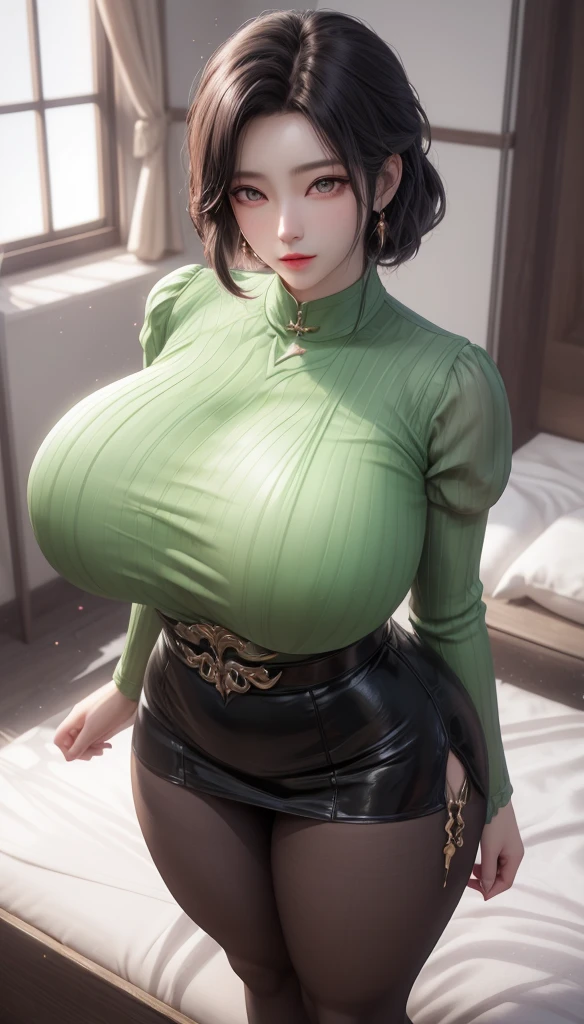 1girl, huge breast, wavy black short hair, green eyes,high quality, ultra detailed, masterpiece, realistic, gamis clothes,braid,standing, slightly fat arms , slightly fat belly , chubby cheeks