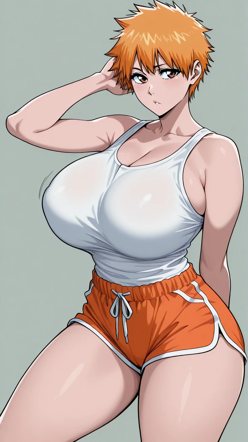masterpiece, highest quality, High resolution, One girl, solo, sexual intercourse, Pornographic images, short hair, etsukoto, brown Eyes, fine grain, fine grain, (((Thick thighs, Plump thighs, Voluptuous thighs, Thighs alone are enough))), Huge and ample breasts, Cleavage, big long breasts, Naughty big,((big breasts are important))、((Naughty thighs)), L Cup, (thin:1.4),(Tight waist:1.4), (white swimsuit:1.4), anguish, open mouth, blush, (((Simple Background))), ((Wide Hips)), Shiny, Oily skin, Mature mother, Calf, Seductive mature woman, milf, Perfect body, Plus Size Model, curvy, ample, etsukoto, blush, clavicle, retro artstyle, 1990s (style), (thick thighs:1.4), bursting breast, arms up, from side,