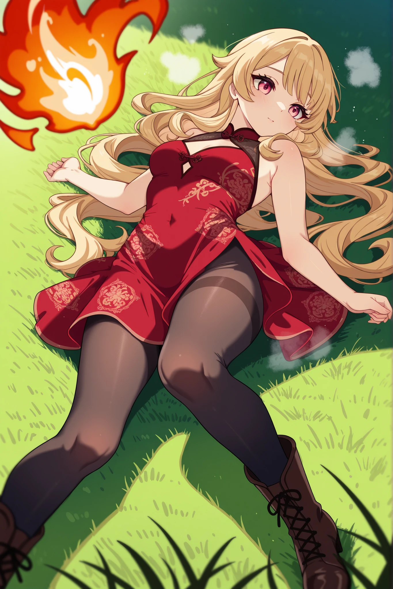 3 year old woman, blonde with long curly hair, jade eyes, gentle smile and mischievous look, low-cut red dress, big breasts and thick thighs, erotic body.