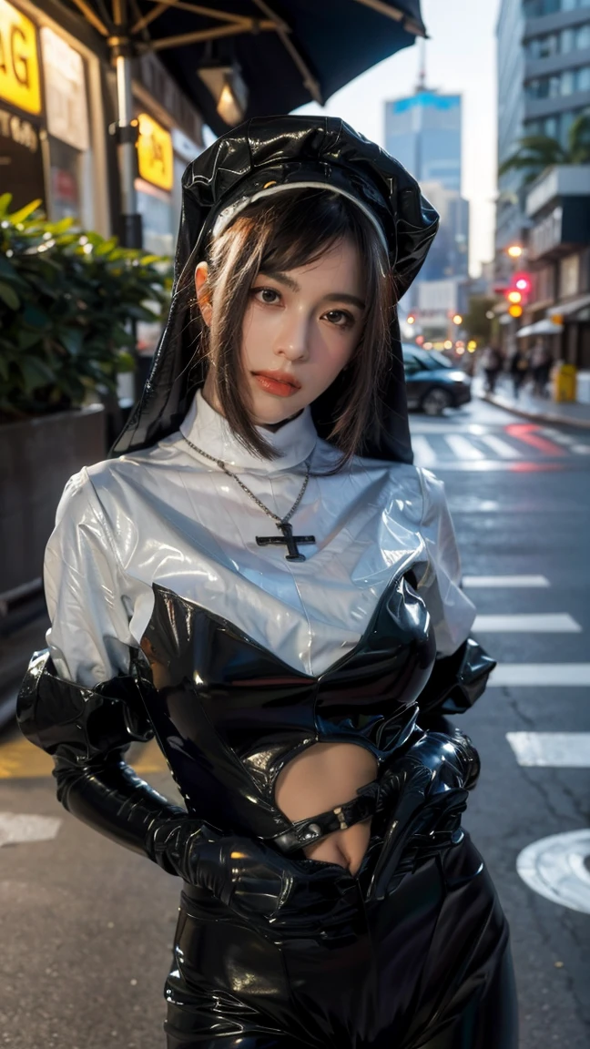 masterpiece, best quality, (cityscape:1.4),(street:1.4),(:1.3), (outdoors:1.3), (photorealistic:1.4), (ultra detailed:1.3), unity 8k wallpaper, 1girl, solo, long hair, jewelry, latex , latex gloves, necklace, nun, stabbed by knife stomach