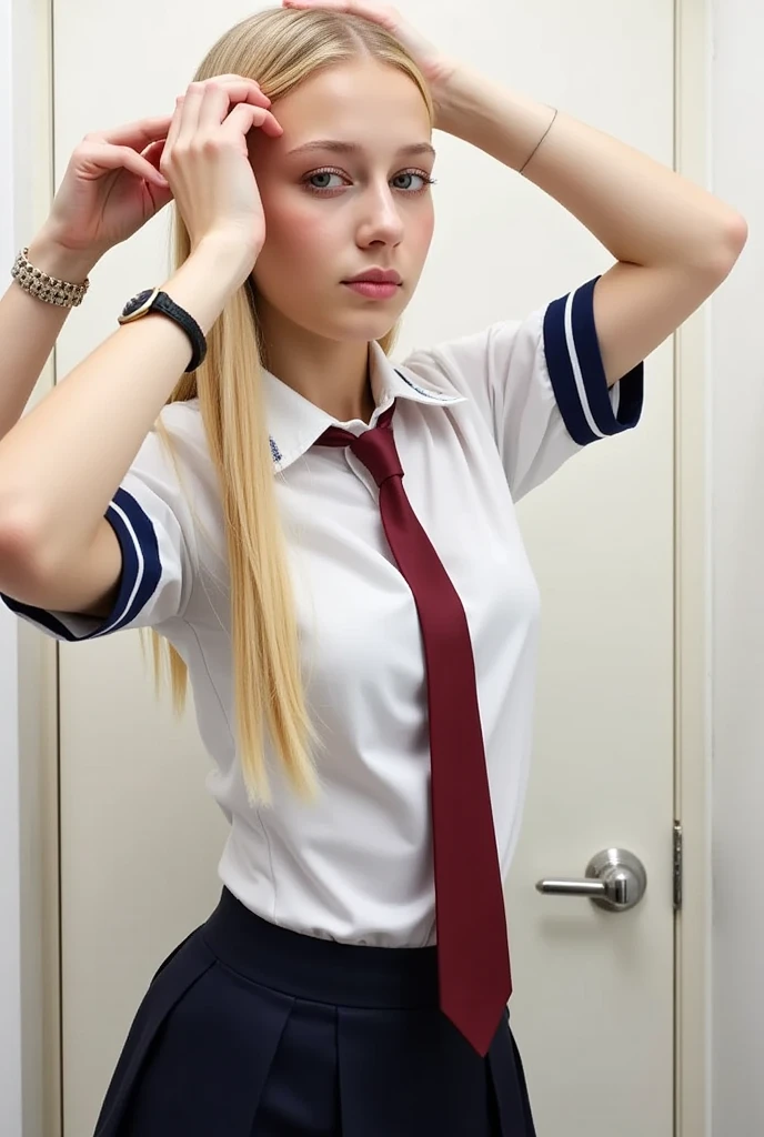 (Cute innocent white 12 year old), long straight blonde hair, blue eyes, (wearing extreme micro minimalistic red school uniform), student, (round firm breasts), topless, (very lowleg:1.2), short tie, (cameltoe), (posing on a black living room), indoors, smiling, happy, school backpack,