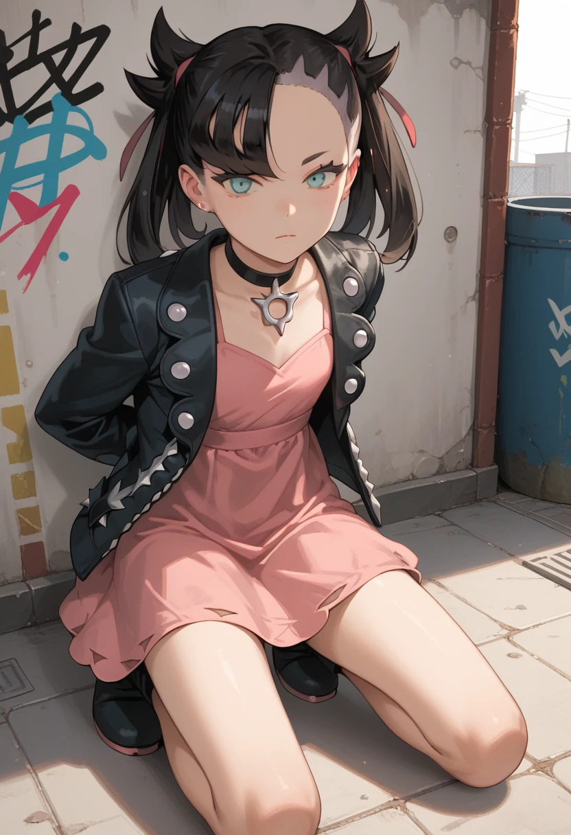 (masterpiece, best quality), 1girl, <lora:marnie_outfit:1> marnie_outfit, dress, pink dress, jacket, black jacket, open jacket, boots, ankle boots, black footwear, choker, black choker, collar