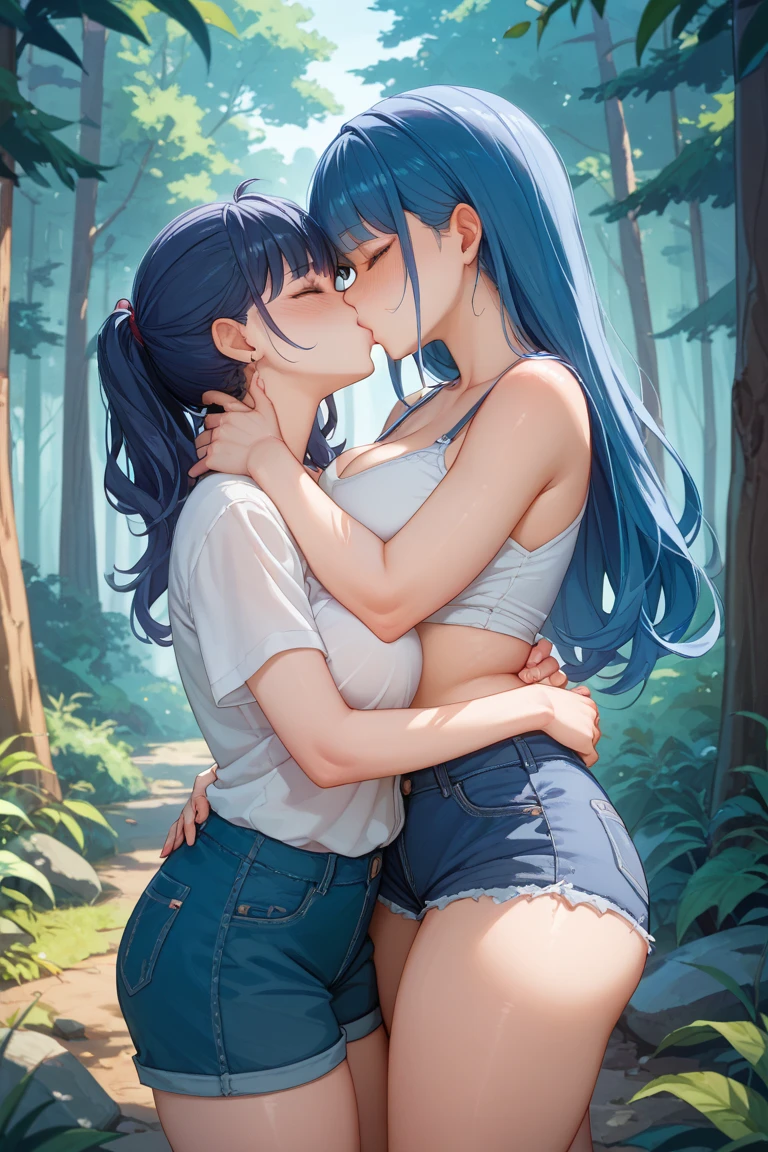 Create two girls kissing passionately, one with pink hair and one with blue hair and one with pink eyes and one with blue eyes, white skin, with exaggeratedly large busts in a miniskirt and in a croptop with large, thick thighs with mega-large butts a little low, sitting in the park
